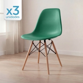 Kit 3 Cadeiras de jantar Charles Eames Eiffel DSW em Polipropileno - Verde escuro