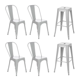 Kit 4 cadeiras + 2 banquetas altas industrial Laraz Vintage Iron Tolix  - Prata
