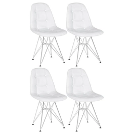 Kit 4 Cadeiras estofada Charles Eames Eiffel Botonê DKR com pés de metal cromado - Branco