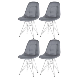 Kit 4 Cadeiras estofada Charles Eames Eiffel Botonê DKR com pés de metal cromado – Cinza Escuro