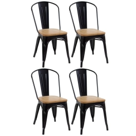 Kit 4 cadeiras Iron Tolix para cozinha com assento de madeira - Preto