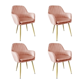 Kit 4 Cadeiras Poltrona Lines com pés dourados Suede para sala de jantar – Rosa