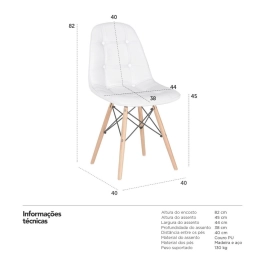 Kit 5 Cadeiras de jantar Charles Eames Eiffel Botonê Estofada – Branco