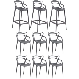 Kit 6 cadeiras + 3 banquetas altas Masters Allegra - Cinza escuro