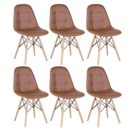Kit 6 Cadeiras de jantar Charles Eames Eiffel Botonê Estofada - Marrom