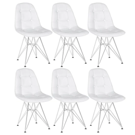 Kit 6 Cadeiras estofada Charles Eames Eiffel Botonê DKR com pés de metal cromado - Branco Kit 6 Cadeiras estofada Charles Eames Eiffel Botonê DKR com pés de metal cromado - Branco