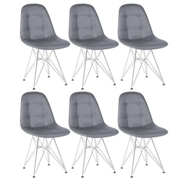 Kit 6 Cadeiras estofada Charles Eames Eiffel Botonê DKR com pés de metal cromado - Cinza escuro