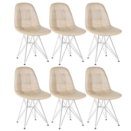 Kit 6 Cadeiras estofada Charles Eames Eiffel Botonê DKR com pés de metal cromado - Nude
