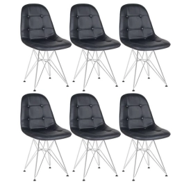 Kit 6 Cadeiras estofada Charles Eames Eiffel Botonê DKR com pés de metal cromado - Preto
