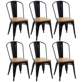 Kit 6 cadeiras Iron Tolix para cozinha com assento de madeira - Preto