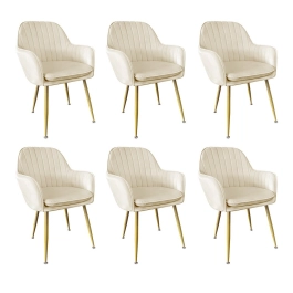 Kit 6 Cadeiras Poltrona Lines com pés dourados Suede para sala de jantar – Creme