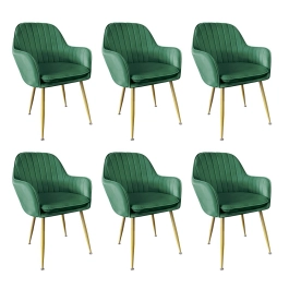 Kit 6 Cadeiras Poltrona Lines com pés dourados Suede para sala de jantar – Verde Escuro