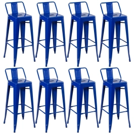 Kit 8 banquetas altas para bancada Iron Tolix com encosto 76 cm – Azul escuro