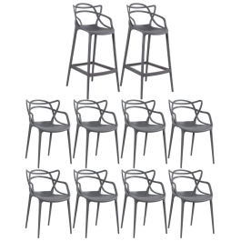 Kit 8 cadeiras + 2 banquetas altas Masters Allegra - Cinza escuro