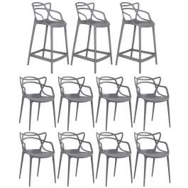 Kit 8 cadeiras + 3 banquetas médias Masters Allegra - Cinza Escuro