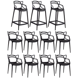 Kit 8 cadeiras + 3 banquetas médias Masters Allegra - Preto