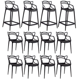 Kit 8 cadeiras + 4 banquetas médias Masters Allegra - Preto