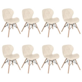Kit 8 Cadeiras de jantar estofada Charles Eames Eiffel Slim Wood confort – Creme