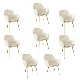 Kit 8 Cadeiras Poltrona Lines com pés dourados Suede para sala de jantar – Creme