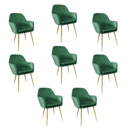 Kit 8 Cadeiras Poltrona Lines com pés dourados Suede para sala de jantar – Verde Escuro