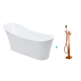 Kit Banheira de Imersão Acrílico 165 cm Azurita e Misturador de Piso Monocomando - Branco e Dourado Rose