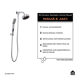 Kit Chuveiro Autolimpante Redondo de Parede Mauá com Desviador Mundaú e Ducha Manual Jaci Pingoo.casa - Prata