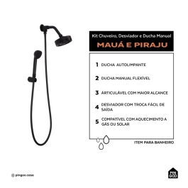 Kit Chuveiro Autolimpante Redondo de Parede Mauá com Desviador Mundaú e Ducha Manual Piraju Pingoo.casa - Preto