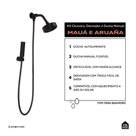 Kit Chuveiro Autolimpante Redondo de Parede Mauá com Desviador Mundaú e Ducha Manual Aruanã Pingoo.casa - Preto