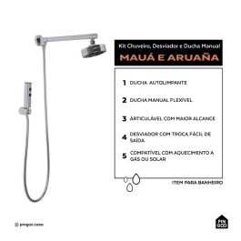 Kit Chuveiro Autolimpante Redondo de Parede Longo Mauá com Desviador Mundaú e Ducha Manual Aruanã Pingoo.casa - Prata
