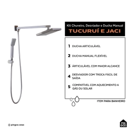 Kit Chuveiro Quadrado de Parede Tucuruí com Desviador Mundaú e Ducha Manual Jaci Pingoo.casa - Prata