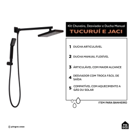 Kit Chuveiro Quadrado de Parede Tucuruí com Desviador Mundaú e Ducha Manual Jaci Pingoo.casa - Preto
