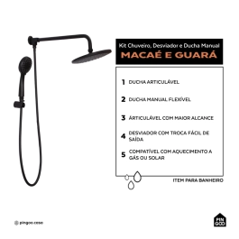 Kit Chuveiro Redondo de Parede Macaé com Desviador Mundaú e Ducha Manual Guará Pingoo.casa - Preto