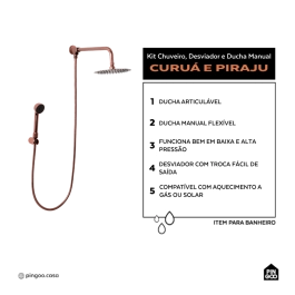 Kit Chuveiro Redondo Curuá 20cm com Desviador Mundaú e Ducha Manual Piraju Pingoo.casa -  Dourado Rose