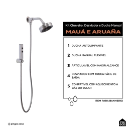 Kit Chuveiro Autolimpante Redondo de Parede Mauá com Desviador Mundaú e Ducha Manual Aruanã Pingoo.casa - Prata 
