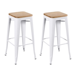 Kit com 2 Banquetas altas Iron Tolix com assento de madeira rústica clara 76 cm - Branco