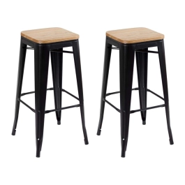 Kit com 2 Banquetas altas Iron Tolix com assento de madeira rústica clara 76 cm - Preto