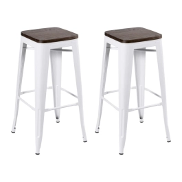 Kit com 2 Banquetas altas Iron Tolix com assento de madeira rústica escura - 76 cm - Branco