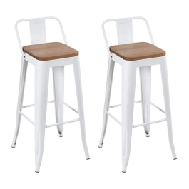 Kit com 2 Banquetas altas Iron Tolix com encosto e assento de madeira rústica clara 76 cm - Branco