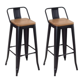 Kit com 2 Banquetas altas Iron Tolix com encosto e assento de madeira rústica clara 76 cm - Preto