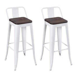 Kit com 2 Banquetas altas Iron Tolix com encosto e assento de madeira rústica escura - Branco