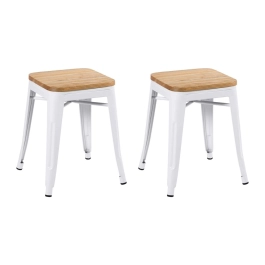 Kit com 2 Banquetas baixas Iron Tolix com assento de madeira rústica clara 45 cm - Branco