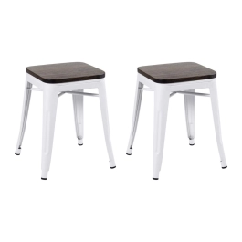 Kit com 2 Banquetas baixas Iron Tolix com assento de madeira rústica escura - Branco