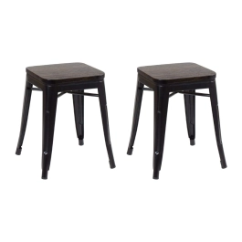 Kit com 2 Banquetas baixas Iron Tolix com assento de madeira rústica escura - Preto