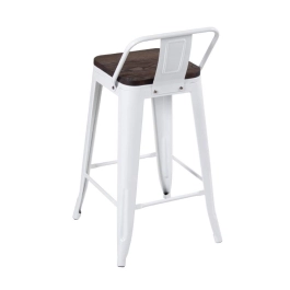 Kit com 2 Banquetas Iron Tolix com encosto e assento de madeira rústica escura Kit 61 cm Kit Branco Kit com 2 Banquetas Iron Tolix com encosto e assento de madeira rústica escura Kit 61 cm Kit Branco
