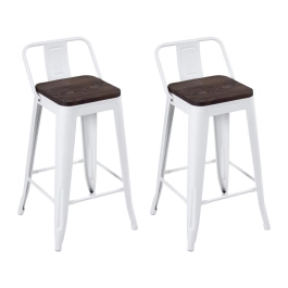 Kit com 2 Banquetas Iron Tolix com encosto e assento de madeira rústica escura Kit 61 cm Kit Branco