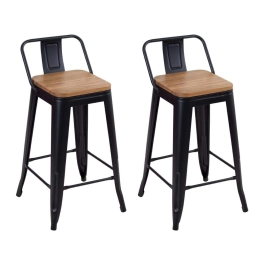 Kit com 2 Banquetas médias Iron Tolix com encosto e assento de madeira rústica clara 66 cm - Preto