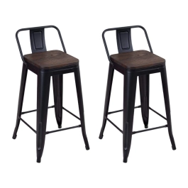 Kit com 2 Banquetas médias Iron Tolix com encosto e assento de madeira rústica escura 66 cm - Preto