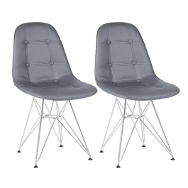Kit com 2 Cadeiras estofadas Charles Eames Eiffel Botonê DKR com pés de metal cromado - Cinza escuro