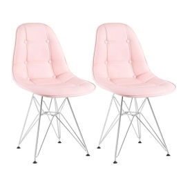 Kit com 2 Cadeiras estofadas Charles Eames Eiffel Botonê DKR com pés de metal cromado - Rosa claro