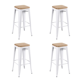 Kit com 4 Banquetas altas Iron Tolix com assento de madeira rústica clara 76 cm - Branco